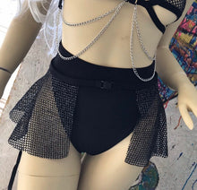 Load image into Gallery viewer, BLACK DARK STARR | Chain Cage Top + Black Fishnet Ultra Mini Buckle Skirt, Women's Festival Outfit, Rave Set