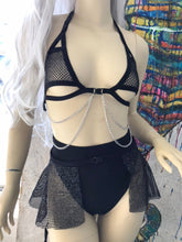 Load image into Gallery viewer, BLACK DARK STARR | Chain Cage Top + Black Fishnet Ultra Mini Buckle Skirt, Women's Festival Outfit, Rave Set