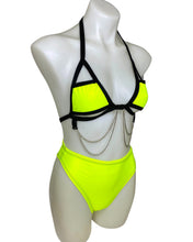 Load image into Gallery viewer, YELLOW BASIC B*TCH | Cage Top + High Waist High Cut Bottoms + Face Mask + Gloves, Women's Festival Outfit, Rave Set