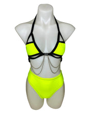 Load image into Gallery viewer, YELLOW BASIC B*TCH | Cage Top + High Waist High Cut Bottoms + Face Mask + Gloves, Women's Festival Outfit, Rave Set