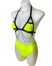 Load image into Gallery viewer, YELLOW BASIC B*TCH | Cage Top + High Waist High Cut Bottoms + Face Mask + Gloves, Women's Festival Outfit, Rave Set