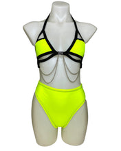 Load image into Gallery viewer, YELLOW BASIC B*TCH | Cage Top + High Waist High Cut Bottoms + Face Mask + Gloves, Women's Festival Outfit, Rave Set