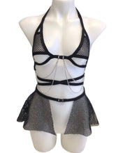Load image into Gallery viewer, BLACK DARK STARR | Chain Cage Top + Black Fishnet Ultra Mini Buckle Skirt, Women's Festival Outfit, Rave Set