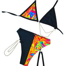 Load image into Gallery viewer, ALL THE GLOW | Mismatch Triangle Chain Top + High Waisted High Cut Chain Bottoms with Leg Wrap, Women's Festival Outfit, Rave Set