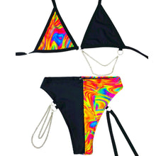 Load image into Gallery viewer, ALL THE GLOW | Mismatch Triangle Chain Top + High Waisted High Cut Chain Bottoms with Leg Wrap, Women's Festival Outfit, Rave Set