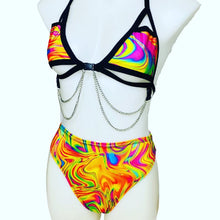 Load image into Gallery viewer, ALL THE GLOW | Chain Cage Top + High Waisted High Cut Bottoms + Gloves, Women's Festival Outfit, Rave Set