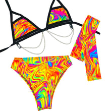 Load image into Gallery viewer, ALL THE GLOW | Chain Cage Top + High Waisted High Cut Bottoms + Gloves, Women's Festival Outfit, Rave Set