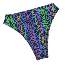 Load image into Gallery viewer, RAINBOW STATIC | REFLECTIVE | High Waisted High Cut Bottoms, Festival Bottoms, Rave Bottoms, Black Rave Outfit