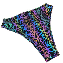 Load image into Gallery viewer, RAINBOW STATIC | REFLECTIVE | High Waisted High Cut Bottoms, Festival Bottoms, Rave Bottoms, Black Rave Outfit