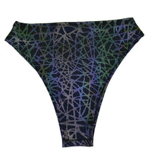 Load image into Gallery viewer, RAINBOW STATIC | REFLECTIVE | High Waisted High Cut Bottoms, Festival Bottoms, Rave Bottoms, Black Rave Outfit