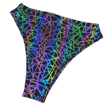 Load image into Gallery viewer, RAINBOW STATIC | REFLECTIVE | High Waisted High Cut Bottoms, Festival Bottoms, Rave Bottoms, Black Rave Outfit