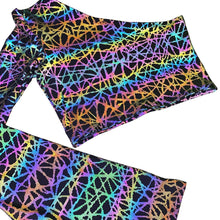 Load image into Gallery viewer, RAINBOW STATIC | REFLECTIVE | One Shoulder Bell Sleeve Top, Women's Festival Top, Rave Top