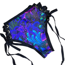 Load image into Gallery viewer, DAZED MUSHROOM | High Waisted High Cut Side Tie Bottoms, Festival Bottoms, Rave Bottoms, Black Rave Outfit