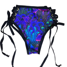Load image into Gallery viewer, DAZED MUSHROOM | High Waisted High Cut Side Tie Bottoms, Festival Bottoms, Rave Bottoms, Black Rave Outfit