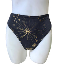 Load image into Gallery viewer, GOLD GODDESS VIBES | High Waisted High Cut Bottoms, Festival Bottoms, Rave Bottoms, Black Rave Outfit