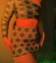 Load image into Gallery viewer, HEXX | Bodycon Mini Skirt, UV Glow Fabric, Rave Skirt, Festival Bottom