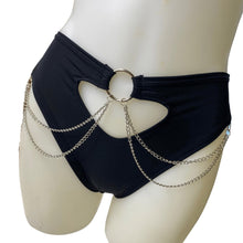Load image into Gallery viewer, BASIC BLACK | High Waisted High Cut Chain Bottoms wit cut out, Festival Bottoms, Rave Bottoms, Black Rave Outfit