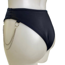Load image into Gallery viewer, BLACK | High Waisted High Cut Chain Bottoms with Leg Wrap, Festival Bottoms, Rave Bottoms, Black Rave Outfit
