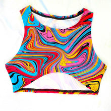 Load image into Gallery viewer, MIDNIGHT SWIRL | Underboob Sporty Crop Top, Women's Festival Top, Rave Top
