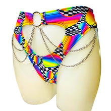 Load image into Gallery viewer, RETRO RAVE | High Waisted High Cut Chain Bottoms wit cut out, Festival Bottoms, Rave Bottoms, Black Rave Outfit