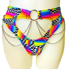 Load image into Gallery viewer, RETRO RAVE | High Waisted High Cut Chain Bottoms wit cut out, Festival Bottoms, Rave Bottoms, Black Rave Outfit