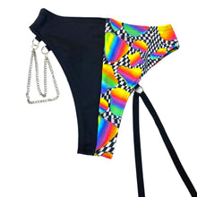 Load image into Gallery viewer, RETRO RAVE | High Waisted High Cut Chain Bottoms with Leg Wrap, Festival Bottoms, Rave Bottoms, Black Rave Outfit