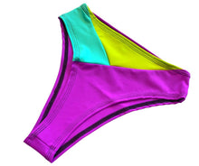 Load image into Gallery viewer, TRI COLOR | Green + Purple + Turquoise | Ready to Ship | High Waisted High Cut Bottoms, Festival Bottoms, Rave Bottoms, Rainbow Rave Outfit