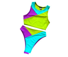 Load image into Gallery viewer, TRI COLOR | Purple + Turquoise + Green | Ready to Ship | High Waisted High Cut Bottoms, Festival Bottoms, Rave Bottoms, Rainbow Rave Outfit