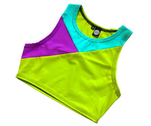 Load image into Gallery viewer, TRI COLOR| Purple + Turquoise + Green | Ready To Ship | Limited Edition Sporty Crop Top, Women's Festival Top, Rave Top