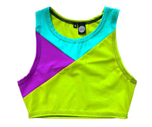 Load image into Gallery viewer, TRI COLOR| Purple + Turquoise + Green | Ready To Ship | Limited Edition Sporty Crop Top, Women's Festival Top, Rave Top