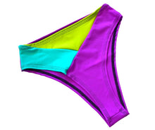 Load image into Gallery viewer, TRI COLOR | Green + Purple + Turquoise | Ready to Ship | High Waisted High Cut Bottoms, Festival Bottoms, Rave Bottoms, Rainbow Rave Outfit