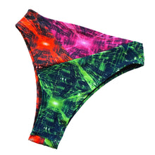 Load image into Gallery viewer, TRI COLOR | Cyber Grid | Ready to Ship | High Waisted High Cut Bottoms, Festival Bottoms, Rave Bottoms, Rainbow Rave Outfit