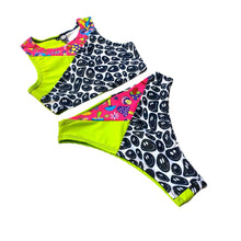 Load image into Gallery viewer, TRI COLOR | Mushroom Smiley | Ready to Ship | High Waisted High Cut Bottoms, Festival Bottoms, Rave Bottoms, Rainbow Rave Outfit