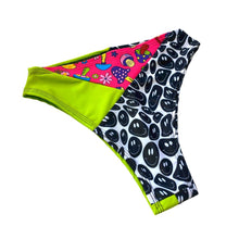 Load image into Gallery viewer, TRI COLOR | Mushroom Smiley | Ready to Ship | High Waisted High Cut Bottoms, Festival Bottoms, Rave Bottoms, Rainbow Rave Outfit