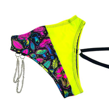 Load image into Gallery viewer, ELECTRIC MUSHROOM | High Waisted High Cut Chain Bottoms with Leg Wrap, Festival Bottoms, Rave Bottoms, Black Rave Outfit
