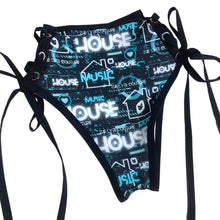 Load image into Gallery viewer, HOUSE MUSIC | High Waisted High Cut Side Tie Bottoms, Festival Bottoms, Rave Bottoms, Black Rave Outfit