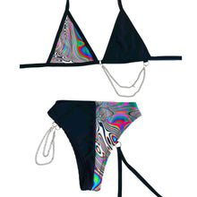 Load image into Gallery viewer, LUCID DREAMS | Mismatch Triangle Chain Top + High Waisted High Cut Chain Bottoms with Leg Wrap, Women's Festival Outfit, Rave Set