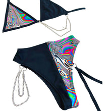 Load image into Gallery viewer, LUCID DREAMS | Mismatch Triangle Chain Top + High Waisted High Cut Chain Bottoms with Leg Wrap, Women's Festival Outfit, Rave Set