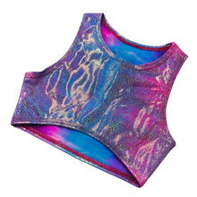 Load image into Gallery viewer, FESTIE BESTIE| Pink/Blue Holographic Underboob Sporty Crop Top, Women's Festival Top, Rave Top