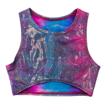 Load image into Gallery viewer, FESTIE BESTIE| Pink/Blue Holographic Underboob Sporty Crop Top, Women's Festival Top, Rave Top