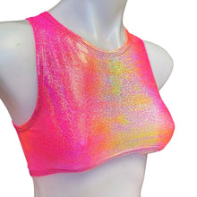 Load image into Gallery viewer, FESTIE BESTIE| Pink/Orange Holographic Underboob Sporty Crop Top, Women's Festival Top, Rave Top