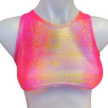 Load image into Gallery viewer, FESTIE BESTIE| Pink/Orange Holographic Underboob Sporty Crop Top, Women's Festival Top, Rave Top