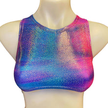 Load image into Gallery viewer, FESTIE BESTIE| Pink/Blue Holographic Underboob Sporty Crop Top, Women's Festival Top, Rave Top