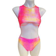 Load image into Gallery viewer, FESTIE BESTIE| Pink/Orange Holographic Underboob Sporty Crop Top, Women's Festival Top, Rave Top