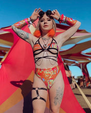Load image into Gallery viewer, ALL THE GLOW | Chain Cage Top + High Waisted High Cut Bottoms + Gloves, Women's Festival Outfit, Rave Set
