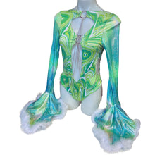 Load image into Gallery viewer, Ready to Ship | Size XLarge | Aria Cut-Out Cascade Bell Sleeve Bodysuit with Fluff and Chain Detail