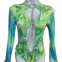 Load image into Gallery viewer, Ready to Ship | Size XLarge | Aria Cut-Out Cascade Bell Sleeve Bodysuit with Fluff and Chain Detail