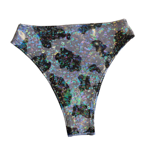 HOLO COW | High Waisted High Cut Bottoms, Festival Bottoms, Rave Bottoms, Cow Print Rave Outfit