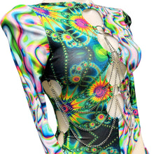 Load image into Gallery viewer, OOAK | Aria Cut-Out Cascade Bell Sleeve Bodysuit with Fluff and Chain Detail