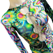 Load image into Gallery viewer, OOAK | Aria Cut-Out Cascade Bell Sleeve Bodysuit with Fluff and Chain Detail